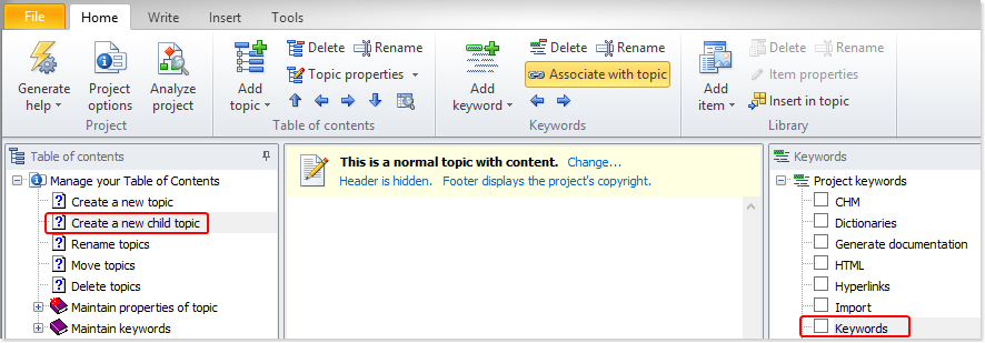 Associate keywords with topics using the ribbon button