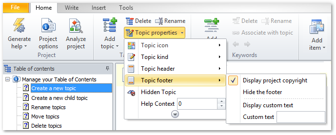 Click Topic properties in the Home ribbon tab to display that menu. Select Topic footer