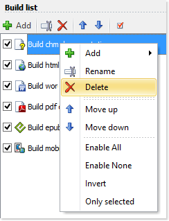 How to delete a build in HelpNDoc