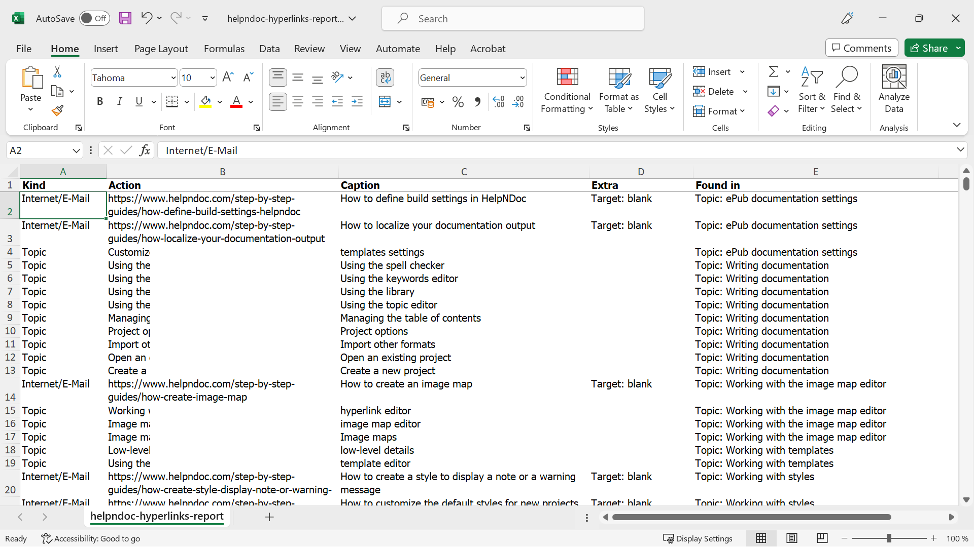 Exportieren des Hyperlink-Berichts in Excel-Format