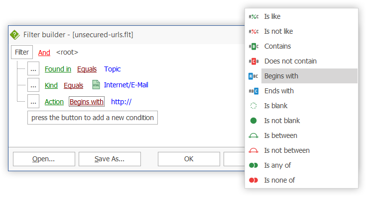 HelpNDoc's hyperlink analyzer's filter builder