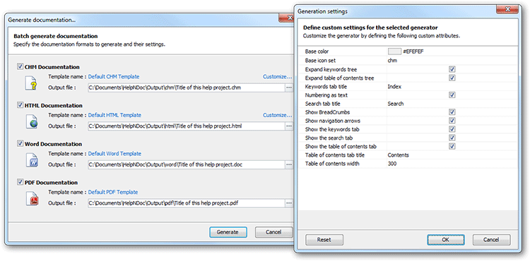 Template customization dialog