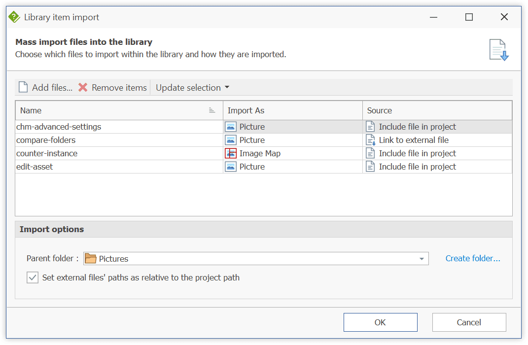 Library item import dialog