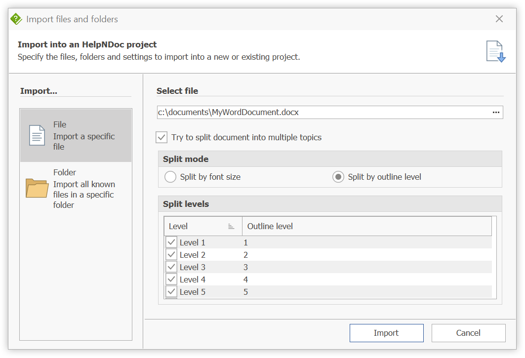 Import and split Word DocX documents