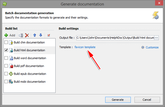 Seleccionar la plantilla de favicono en HelpNDoc