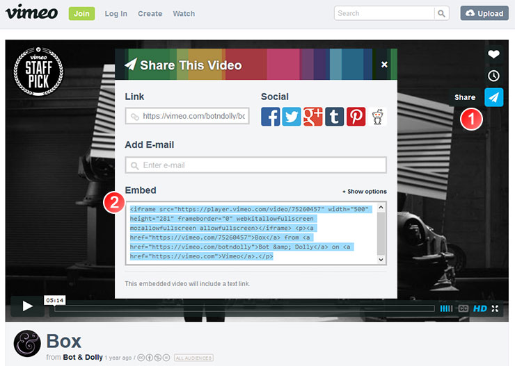 Obtener el código de inserción de un vídeo de Vimeo