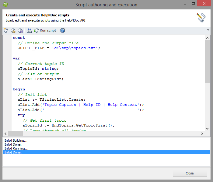 Use HelpNDoc's script editor to export topic identifiers