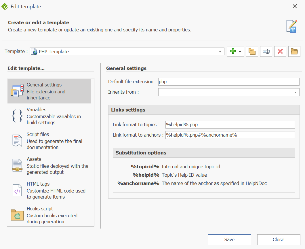 HelpNDoc's template editor with PHP code