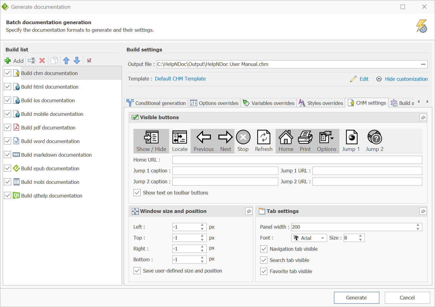 HelpNDoc's CHM settings