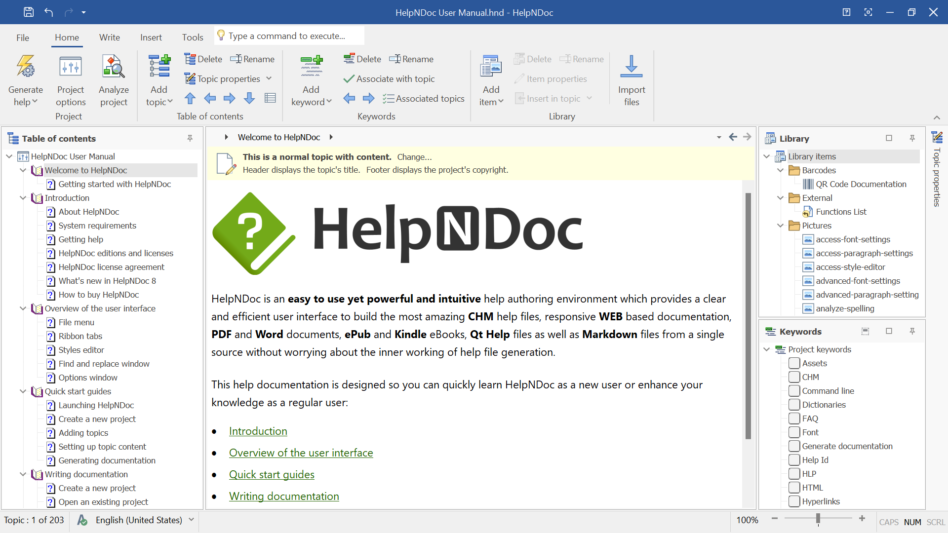 Interfaz de usuario del software de creación de documentación de ayuda HelpNDoc