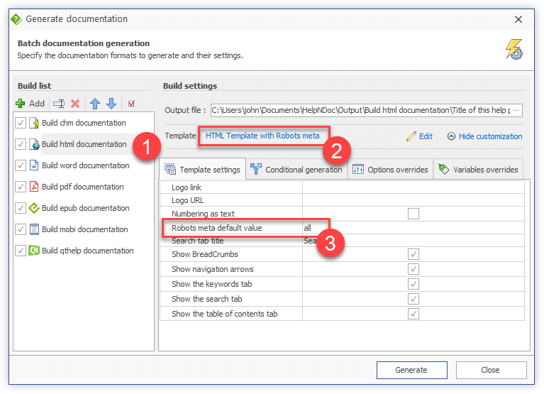 Erstellen der HTML-Dokumentation mit der neuen Vorlage