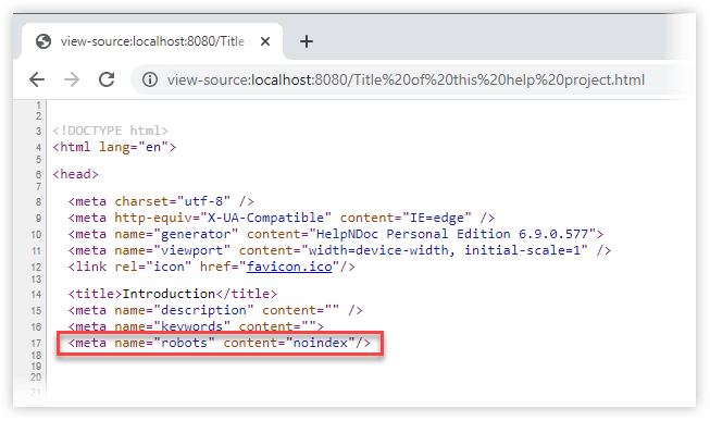 Generated HTML robots meta tag