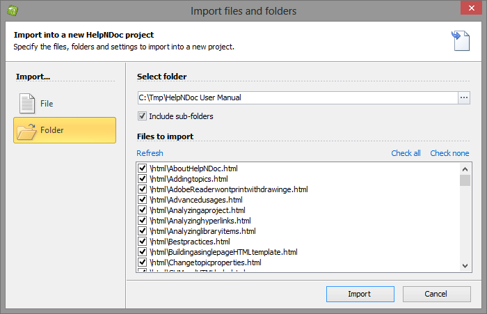 Importer des fichiers et dossiers dans le projet de documentation