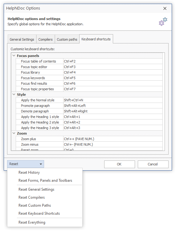 Editor de atajos de teclado y opciones de restablecimiento de HelpNDoc