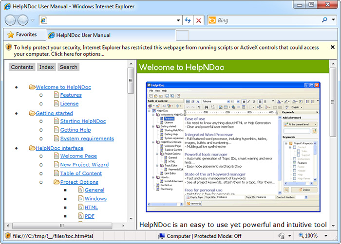 Internet Explorer is showing an ActiveX warning when an HTML documentation is viewed locally