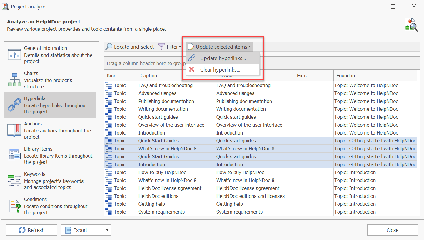 Localizar y actualizar hipervínculos en masa, palabras clave filtradas y mejoras en la generación de documentación en HelpNDoc 8.3