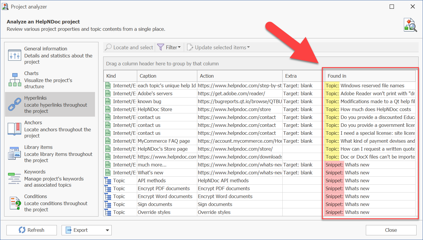 Project analyzer lists hyperlinks in topics and snippets