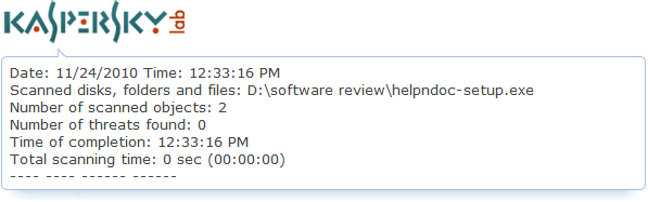 HelpNDoc's Kaspersky anti-virus report