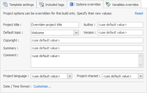 Override project settings for each build in HelpNDoc 5.1