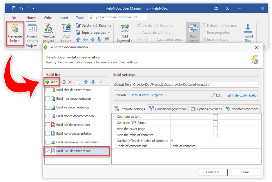 Produce a Rich Text Format (RTF) file from your documentation project using the HelpNDoc help authoring tool