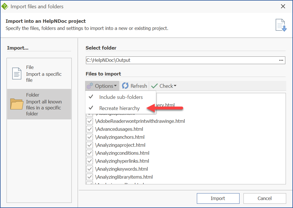 Import recreate folder hierarchy