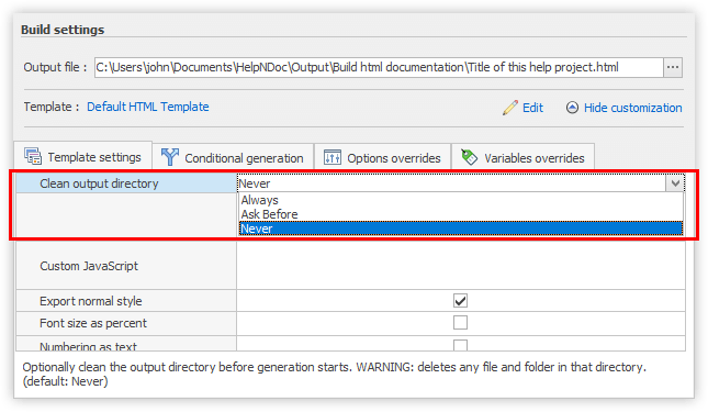 Nettoyage optionnel du répertoire de sortie