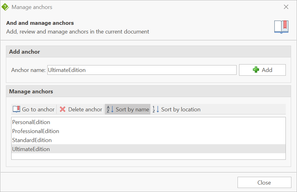 Manage anchors dialog