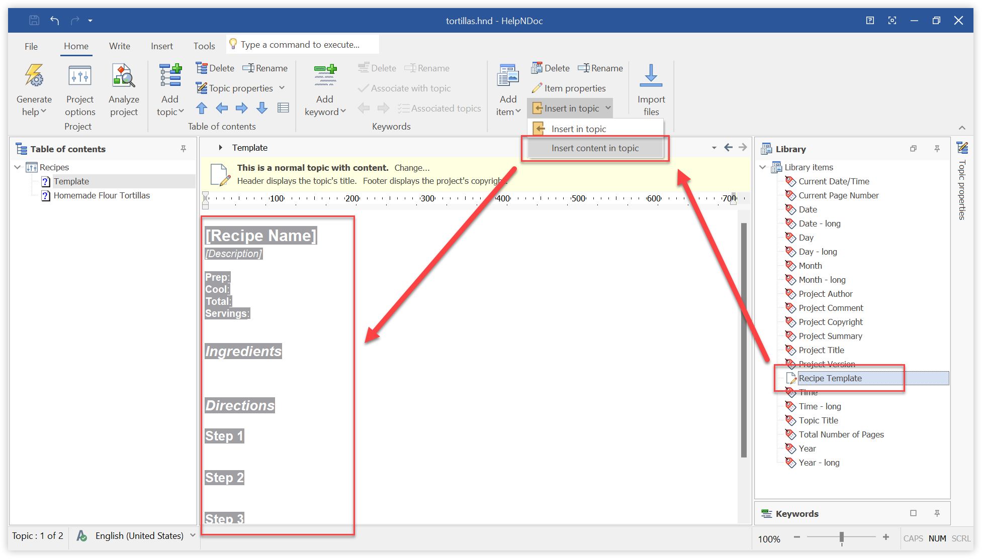 Utilisation des extraits comme modèles de chapitres, réutilisation du contenu des chapitres, automatisation de la rédaction des chapitres et bien davantage dans HelpNDoc 7.8