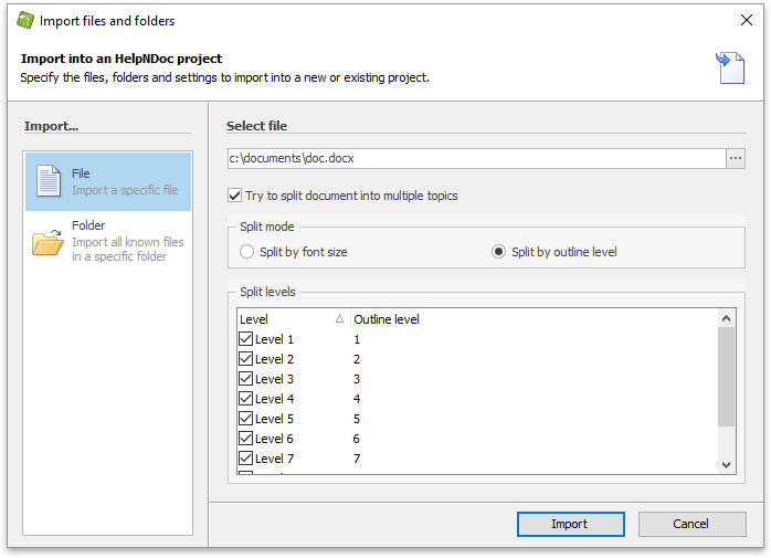 Split imported documents