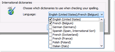 Activer les dictionnaires en utilisant la boîte de dialogue d'options d'orthographe