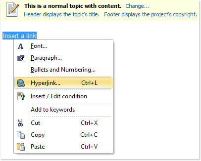 Create an hyperlink using the popup menu