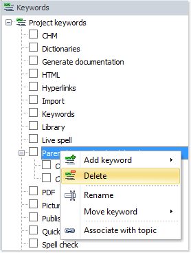 Delete a keyword using the popup menu