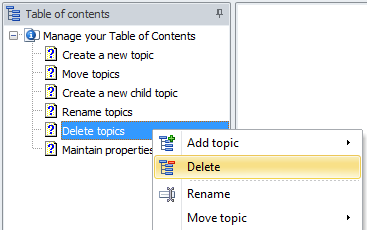 Right-click a topic in your table of contents to display the contextual menu