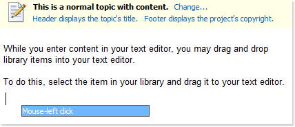 Insert a library item into a topic from drag and drop