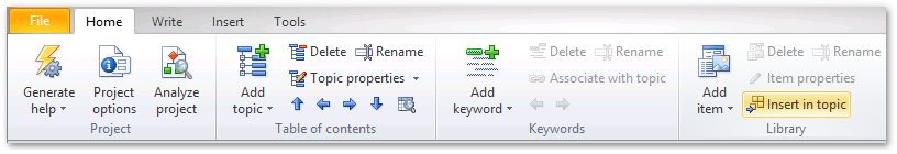 Insert a library item into a topic from the ribbon tab
