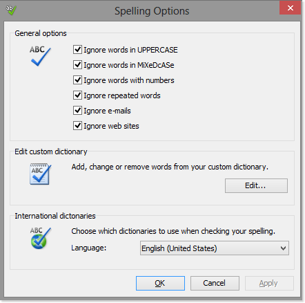 Spelling options window