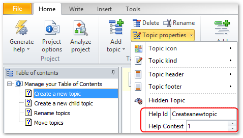 Help ID and Help Context in Home ribbon tab