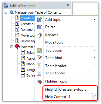 ID et contexte d'aide dans le menu contextuel