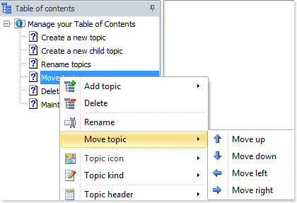 Right-click a topic in your table of contents to display the contextual menu