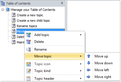 Haz clic derecho en un tema de la tabla de contenido para mostrar el menú contextual