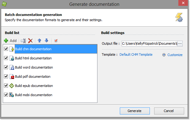 Manage builds using the generate documentation window
