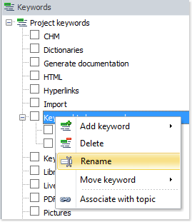 Rename a keyword using the right click popup menu
