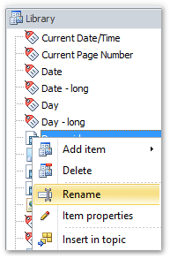 Rechtsklick auf einem Bibliothekselement zum umbenennen
