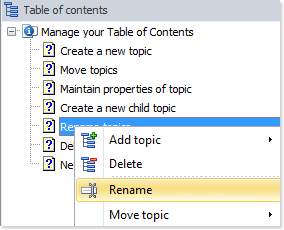 Right-click a topic in the table of contents and select Rename