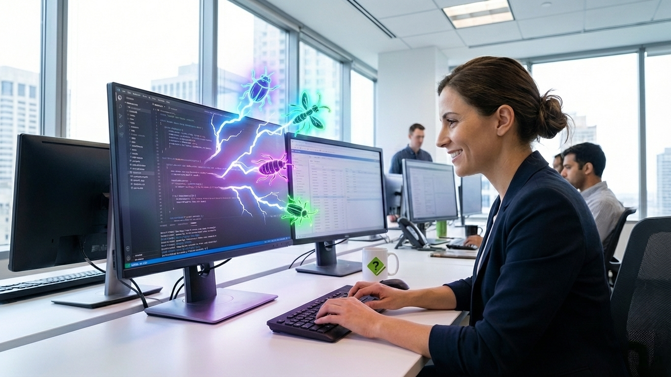 Woman fixing bugs [bugs]