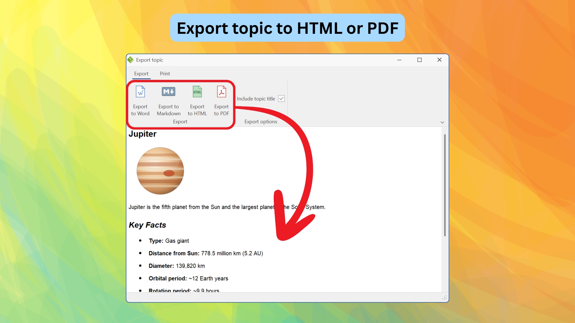 Export topic to HTML or PDF [topic-export]