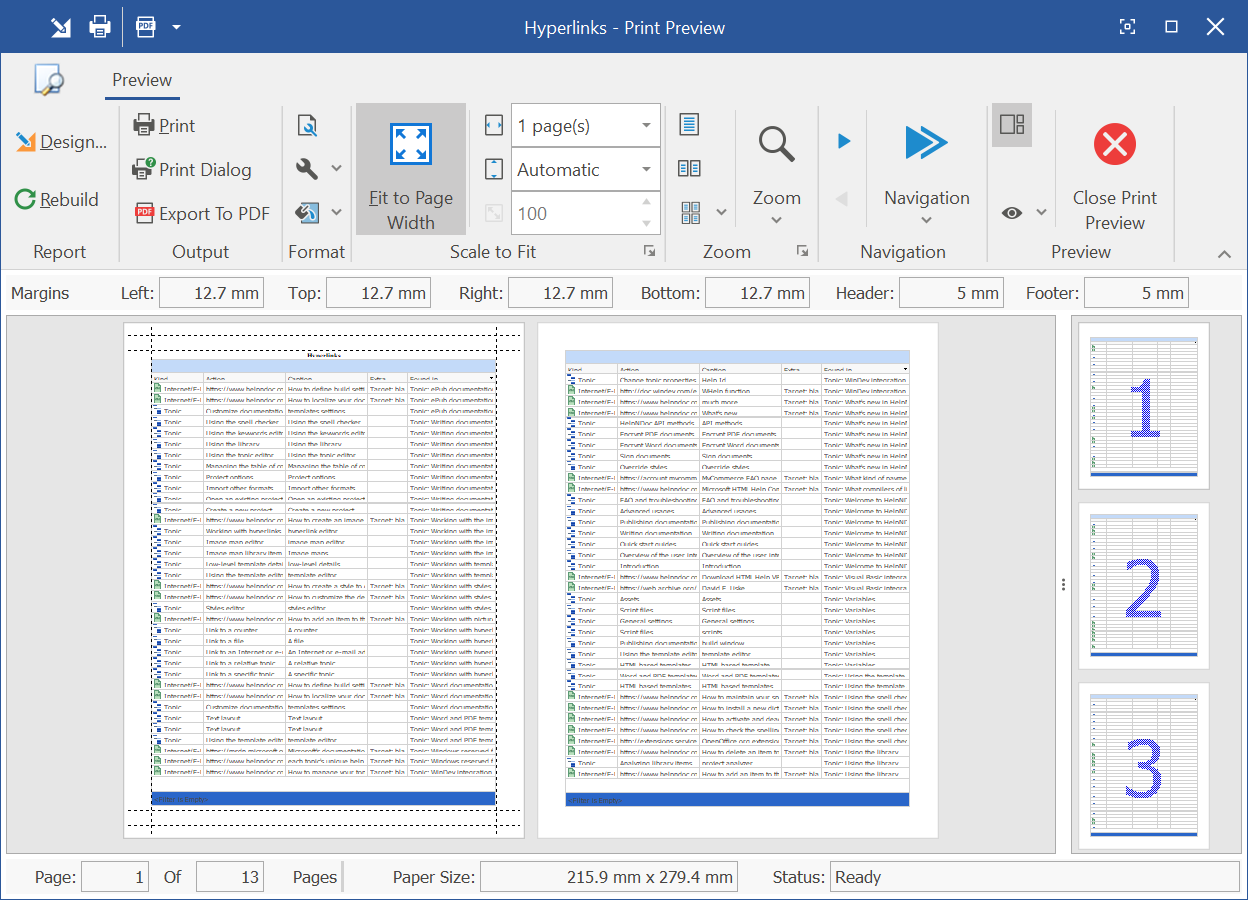 Exportation de liens hypertextes vers des rapports PDF imprimables