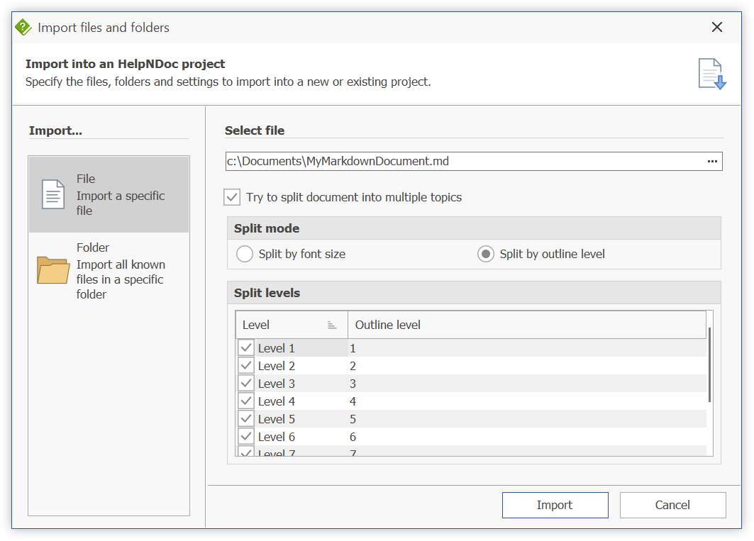 HelpNDoc can split imported Markdown documents