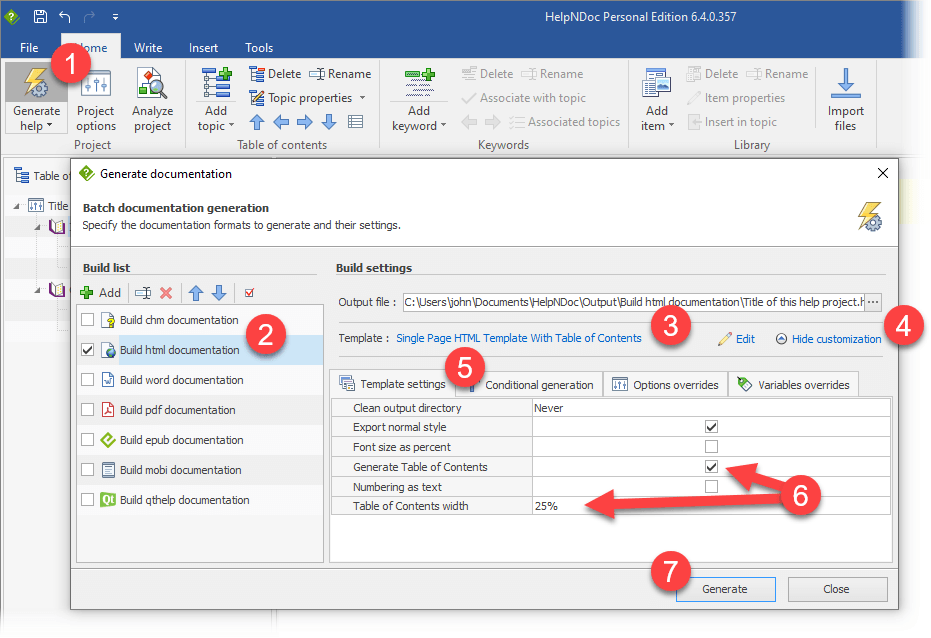 Definieren von Build-Einstellungen und Erstellen der Dokumentation