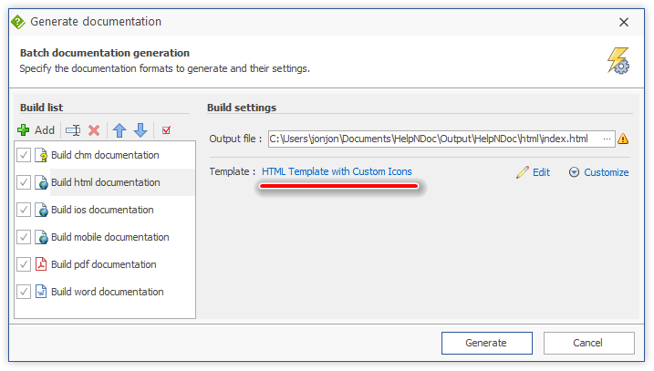 Documentation generation dialog: choose a template